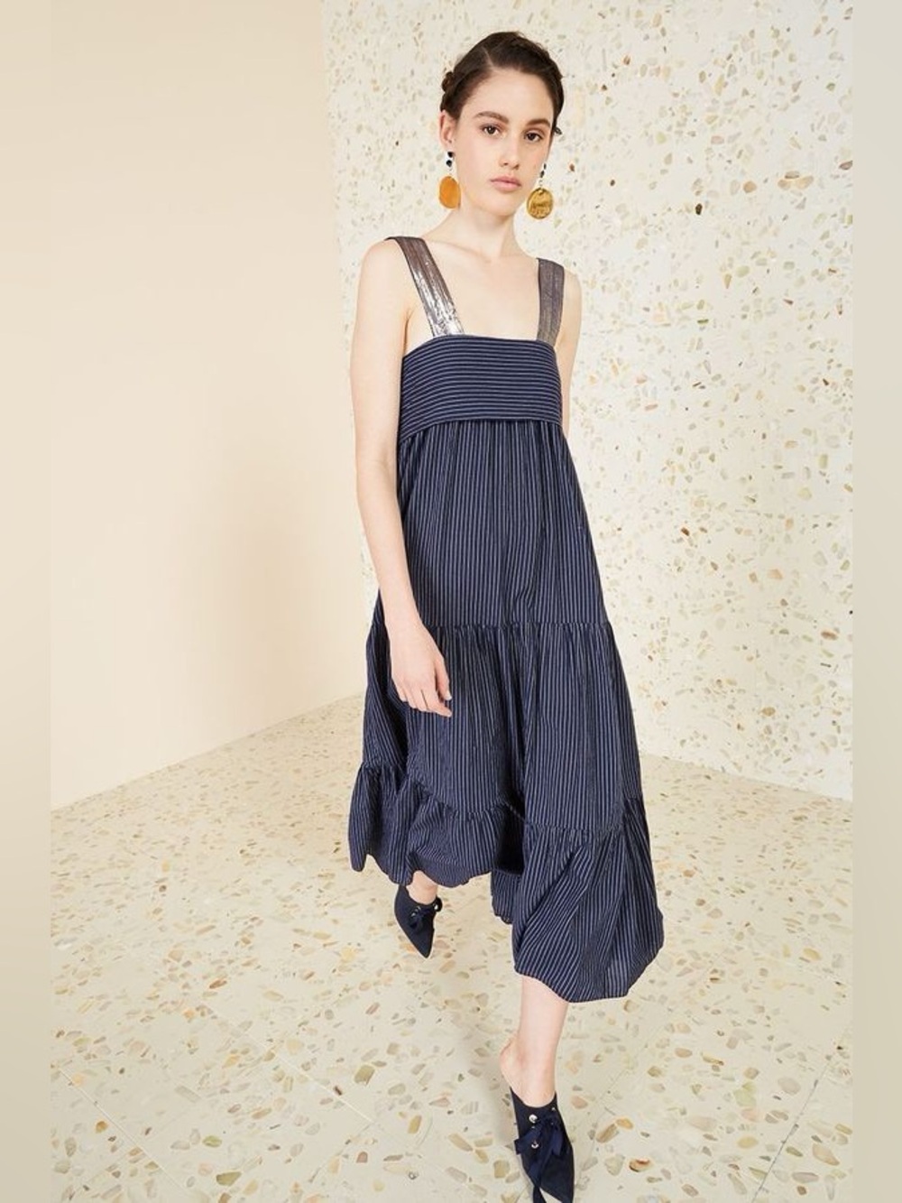 Ulla Johnson Bress Midi Dress Navy Blue Midnight Stripe Metallic